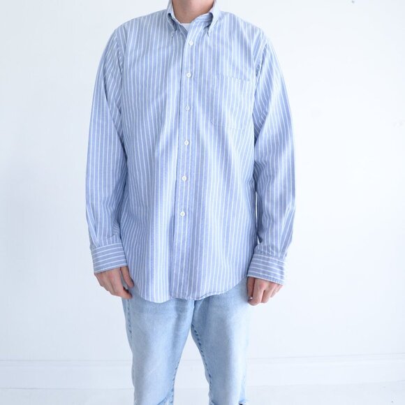Vintage 90s L.L. Bean Blue & White Stripe Button-Down Chambray Dress Shirt 16-36 - Picture 1 of 10